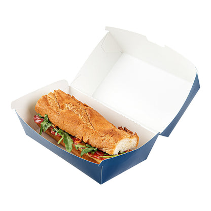 Bio Tek Rectangle Frenchie Paper Hot Dog / Sandwich Clamshell Container - 6 3/4" x 3 1/2" x 3 1/2" - 100 count box