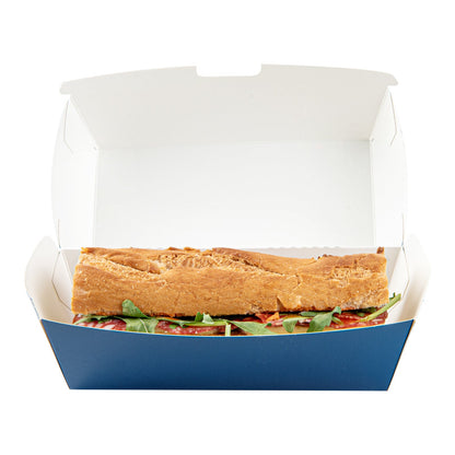 Bio Tek Rectangle Frenchie Paper Hot Dog / Sandwich Clamshell Container - 6 3/4" x 3 1/2" x 3 1/2" - 100 count box