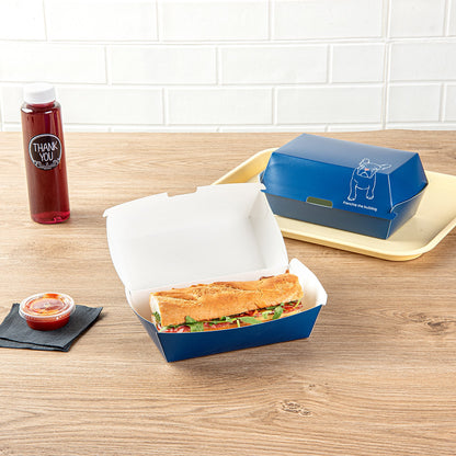 Bio Tek Rectangle Frenchie Paper Hot Dog / Sandwich Clamshell Container - 6 3/4" x 3 1/2" x 3 1/2" - 100 count box