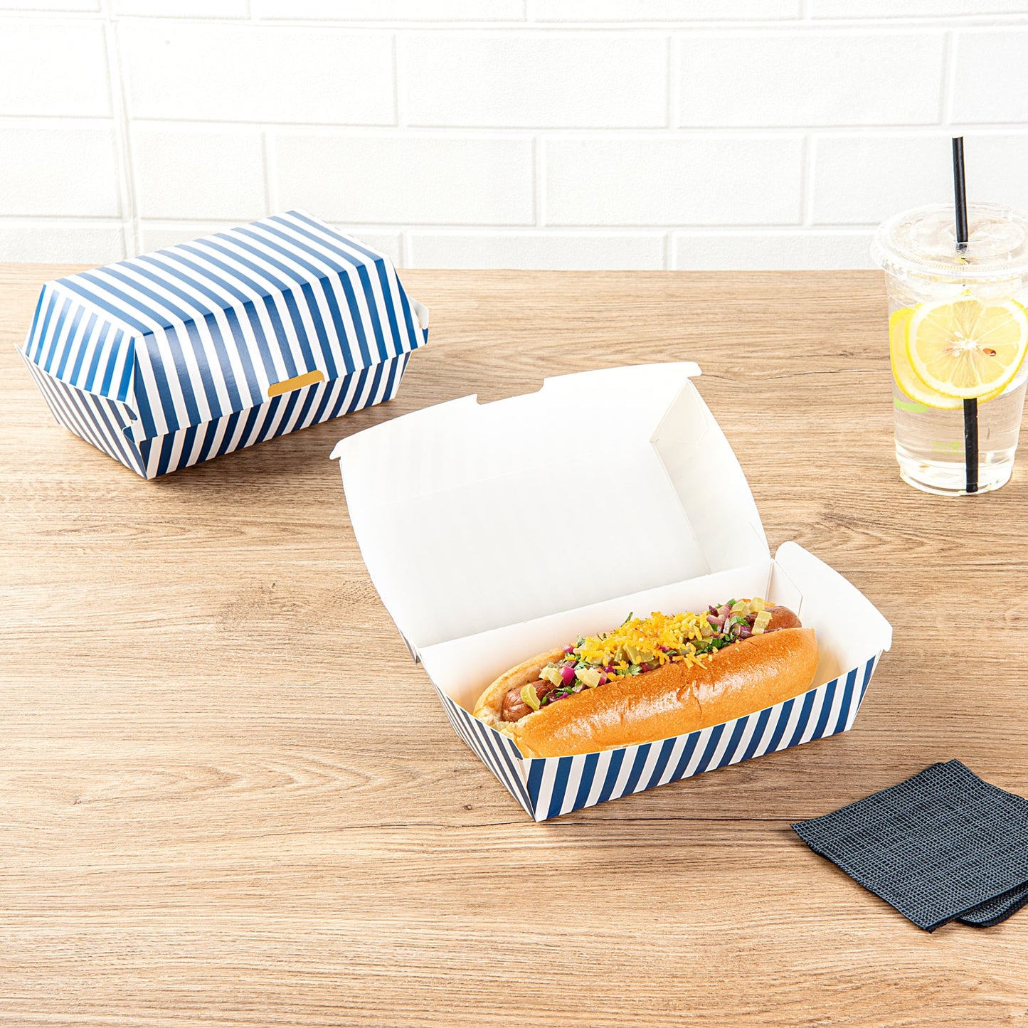 Bio Tek Rectangle Blue and White Stripe Paper Hot Dog / Sandwich Clamshell Container - 6 3/4" x 3 1/2" x 3 1/2" - 100 count box