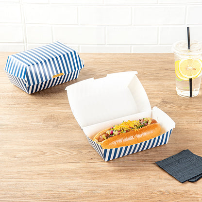 Bio Tek Rectangle Blue and White Stripe Paper Hot Dog / Sandwich Clamshell Container - 6 3/4" x 3 1/2" x 3 1/2" - 100 count box