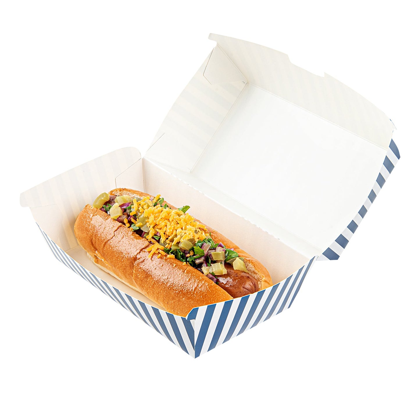 Bio Tek Rectangle Blue and White Stripe Paper Hot Dog / Sandwich Clamshell Container - 6 3/4" x 3 1/2" x 3 1/2" - 100 count box