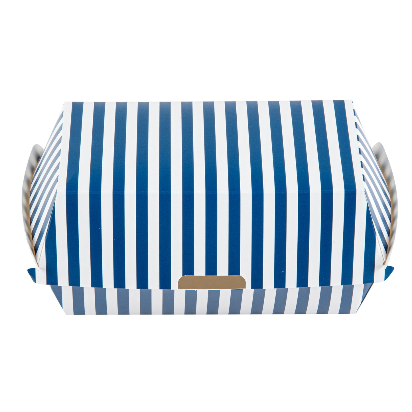 Bio Tek Rectangle Blue and White Stripe Paper Hot Dog / Sandwich Clamshell Container - 6 3/4" x 3 1/2" x 3 1/2" - 100 count box