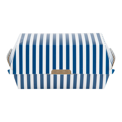 Bio Tek Rectangle Blue and White Stripe Paper Hot Dog / Sandwich Clamshell Container - 6 3/4" x 3 1/2" x 3 1/2" - 100 count box