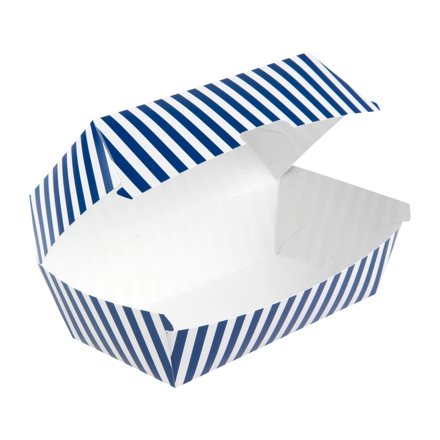 Bio Tek Rectangle Blue and White Stripe Paper Hot Dog / Sandwich Clamshell Container - 6 3/4" x 3 1/2" x 3 1/2" - 100 count box