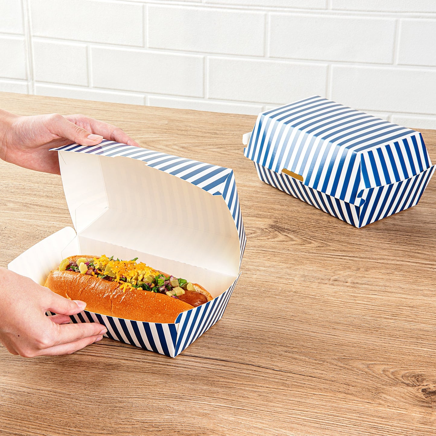 Bio Tek Rectangle Blue and White Stripe Paper Hot Dog / Sandwich Clamshell Container - 6 3/4" x 3 1/2" x 3 1/2" - 100 count box