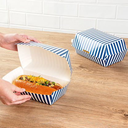 Bio Tek Rectangle Blue and White Stripe Paper Hot Dog / Sandwich Clamshell Container - 6 3/4" x 3 1/2" x 3 1/2" - 100 count box