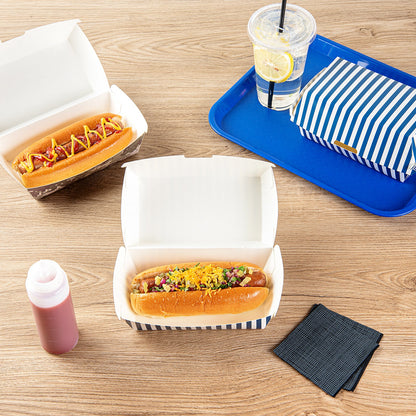 Bio Tek Rectangle Blue and White Stripe Paper Hot Dog / Sandwich Clamshell Container - 6 3/4" x 3 1/2" x 3 1/2" - 100 count box