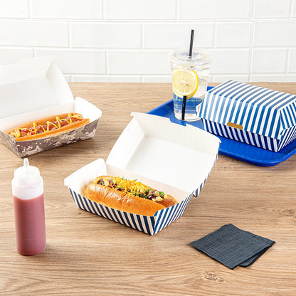 Bio Tek Rectangle Blue and White Stripe Paper Hot Dog / Sandwich Clamshell Container - 6 3/4" x 3 1/2" x 3 1/2" - 100 count box