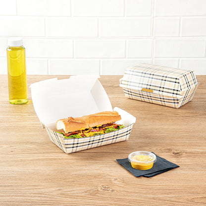Bio Tek Rectangle Plaid Paper Hot Dog / Sandwich Clamshell Container - 6 3/4" x 3 1/2" x 3 1/2" - 100 count box