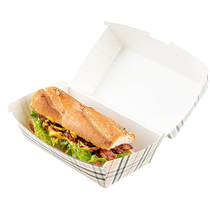 Bio Tek Rectangle Plaid Paper Hot Dog / Sandwich Clamshell Container - 6 3/4" x 3 1/2" x 3 1/2" - 100 count box