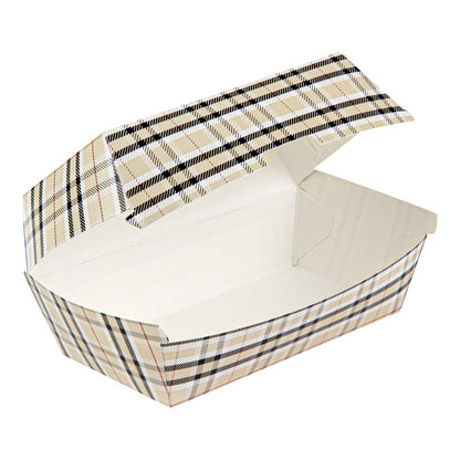 Bio Tek Rectangle Plaid Paper Hot Dog / Sandwich Clamshell Container - 6 3/4" x 3 1/2" x 3 1/2" - 100 count box