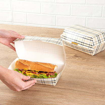 Bio Tek Rectangle Plaid Paper Hot Dog / Sandwich Clamshell Container - 6 3/4" x 3 1/2" x 3 1/2" - 100 count box