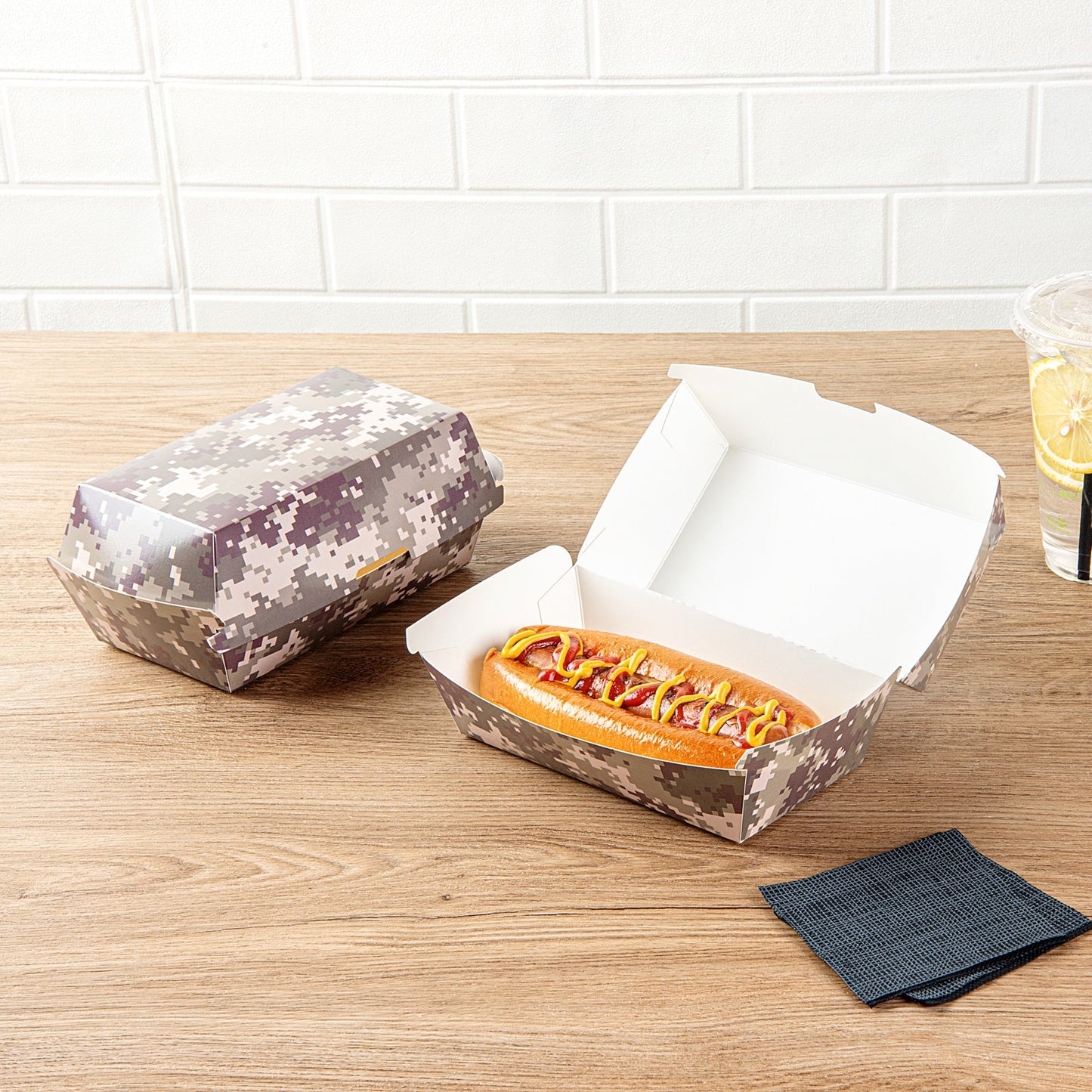 Bio Tek Rectangle Camouflage Paper Hot Dog / Sandwich Clamshell Container - 6 3/4" x 3 1/2" x 3 1/2" - 100 count box