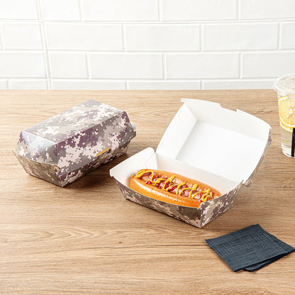 Bio Tek Rectangle Camouflage Paper Hot Dog / Sandwich Clamshell Container - 6 3/4" x 3 1/2" x 3 1/2" - 100 count box