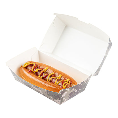 Bio Tek Rectangle Camouflage Paper Hot Dog / Sandwich Clamshell Container - 6 3/4" x 3 1/2" x 3 1/2" - 100 count box