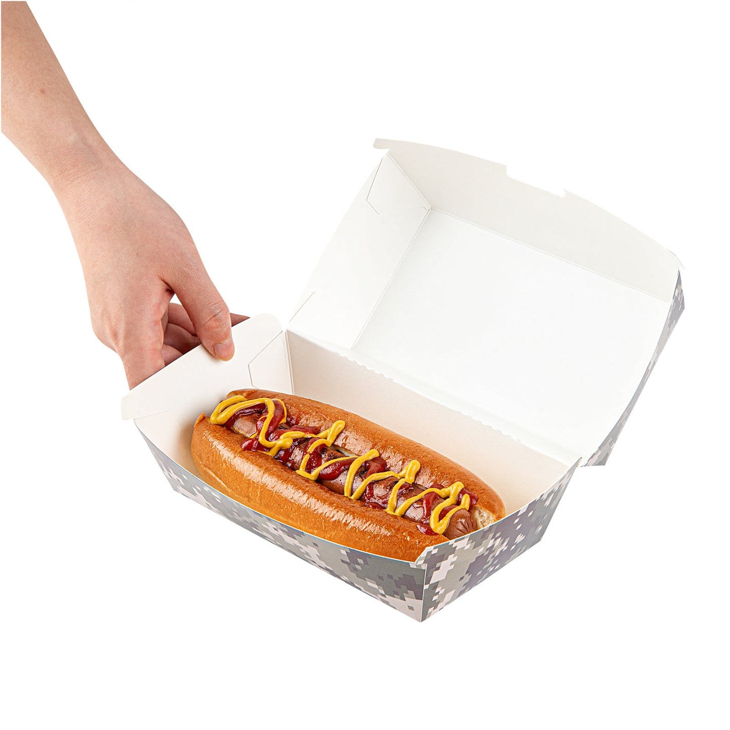 Bio Tek Rectangle Camouflage Paper Hot Dog / Sandwich Clamshell Container - 6 3/4" x 3 1/2" x 3 1/2" - 100 count box