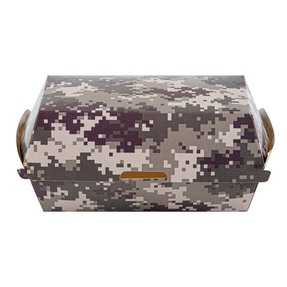 Bio Tek Rectangle Camouflage Paper Hot Dog / Sandwich Clamshell Container - 6 3/4" x 3 1/2" x 3 1/2" - 100 count box
