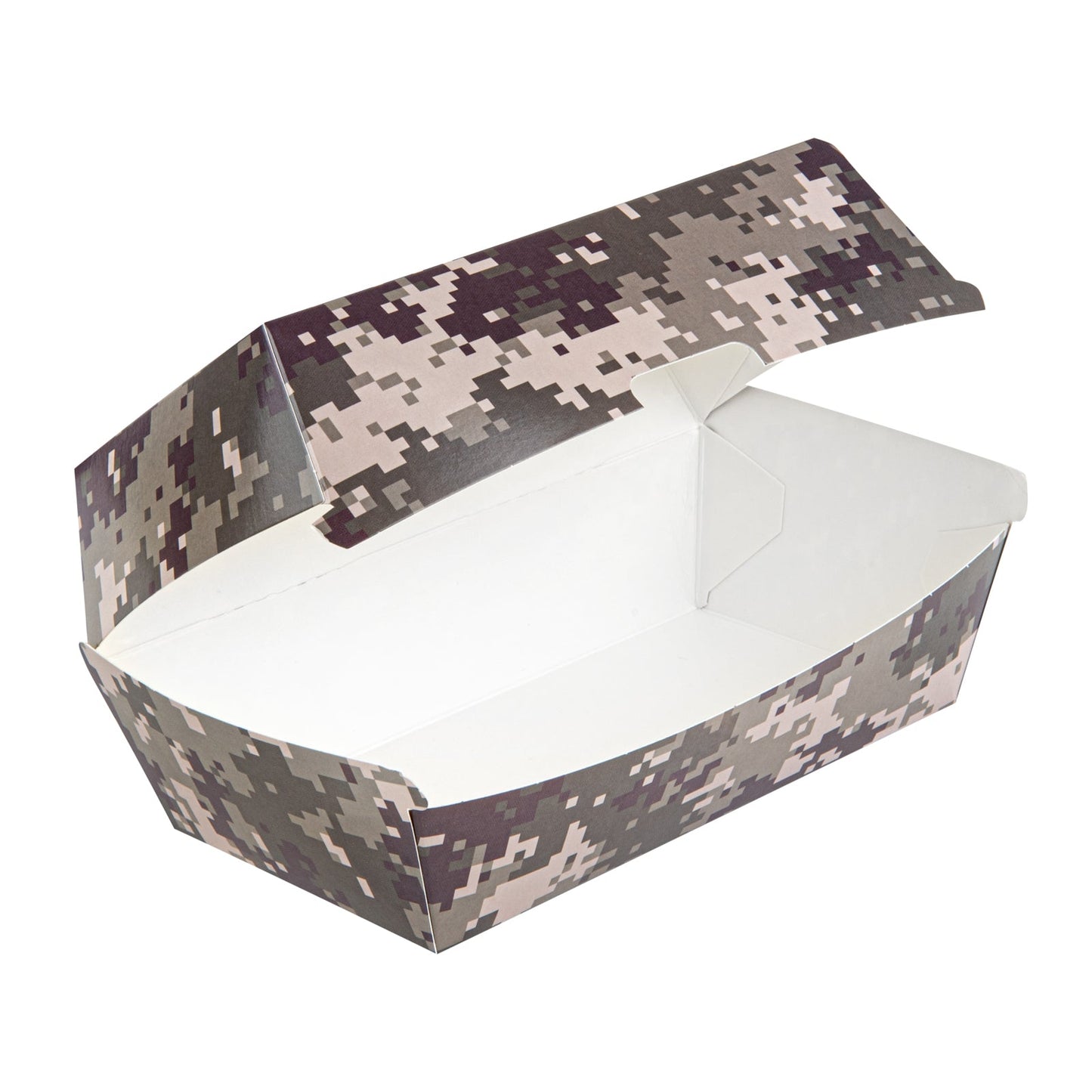 Bio Tek Rectangle Camouflage Paper Hot Dog / Sandwich Clamshell Container - 6 3/4" x 3 1/2" x 3 1/2" - 100 count box
