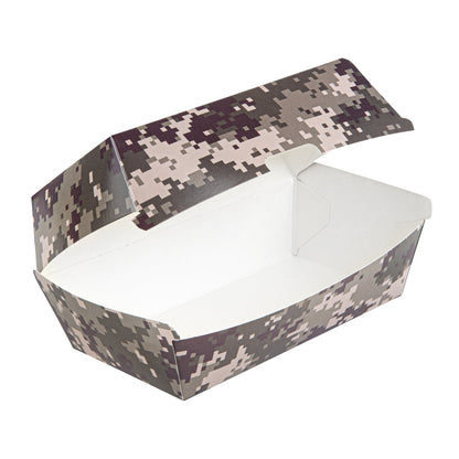 Bio Tek Rectangle Camouflage Paper Hot Dog / Sandwich Clamshell Container - 6 3/4" x 3 1/2" x 3 1/2" - 100 count box