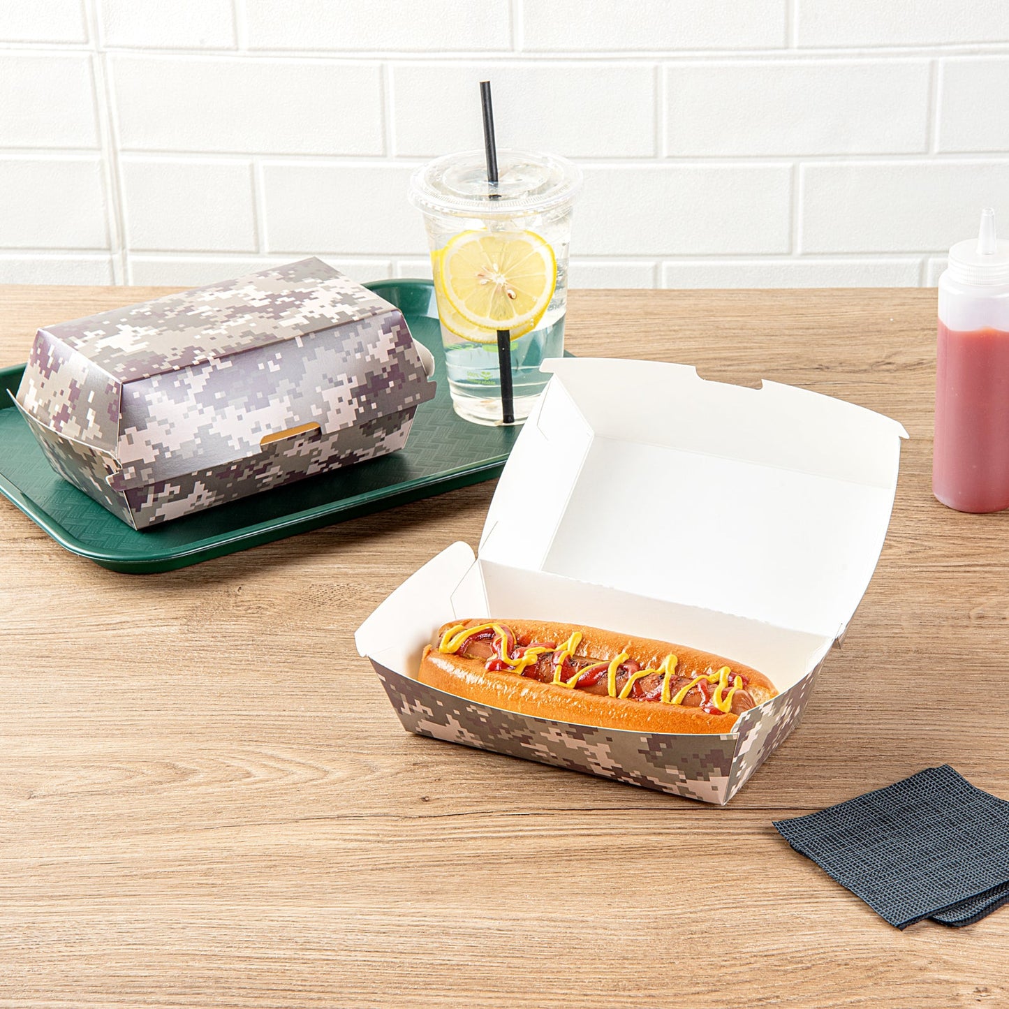 Bio Tek Rectangle Camouflage Paper Hot Dog / Sandwich Clamshell Container - 6 3/4" x 3 1/2" x 3 1/2" - 100 count box