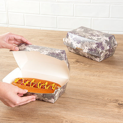Bio Tek Rectangle Camouflage Paper Hot Dog / Sandwich Clamshell Container - 6 3/4" x 3 1/2" x 3 1/2" - 100 count box