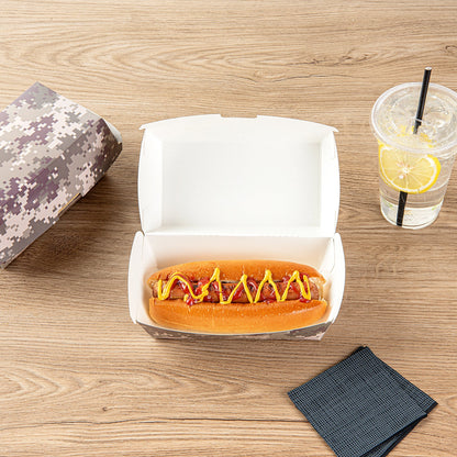Bio Tek Rectangle Camouflage Paper Hot Dog / Sandwich Clamshell Container - 6 3/4" x 3 1/2" x 3 1/2" - 100 count box