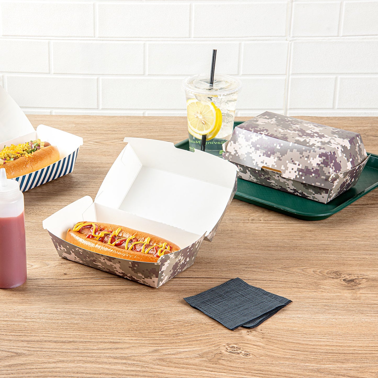 Bio Tek Rectangle Camouflage Paper Hot Dog / Sandwich Clamshell Container - 6 3/4" x 3 1/2" x 3 1/2" - 100 count box