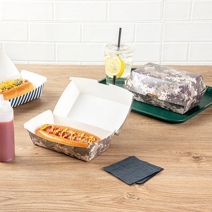 Bio Tek Rectangle Camouflage Paper Hot Dog / Sandwich Clamshell Container - 6 3/4" x 3 1/2" x 3 1/2" - 100 count box