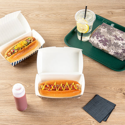 Bio Tek Rectangle Camouflage Paper Hot Dog / Sandwich Clamshell Container - 6 3/4" x 3 1/2" x 3 1/2" - 100 count box