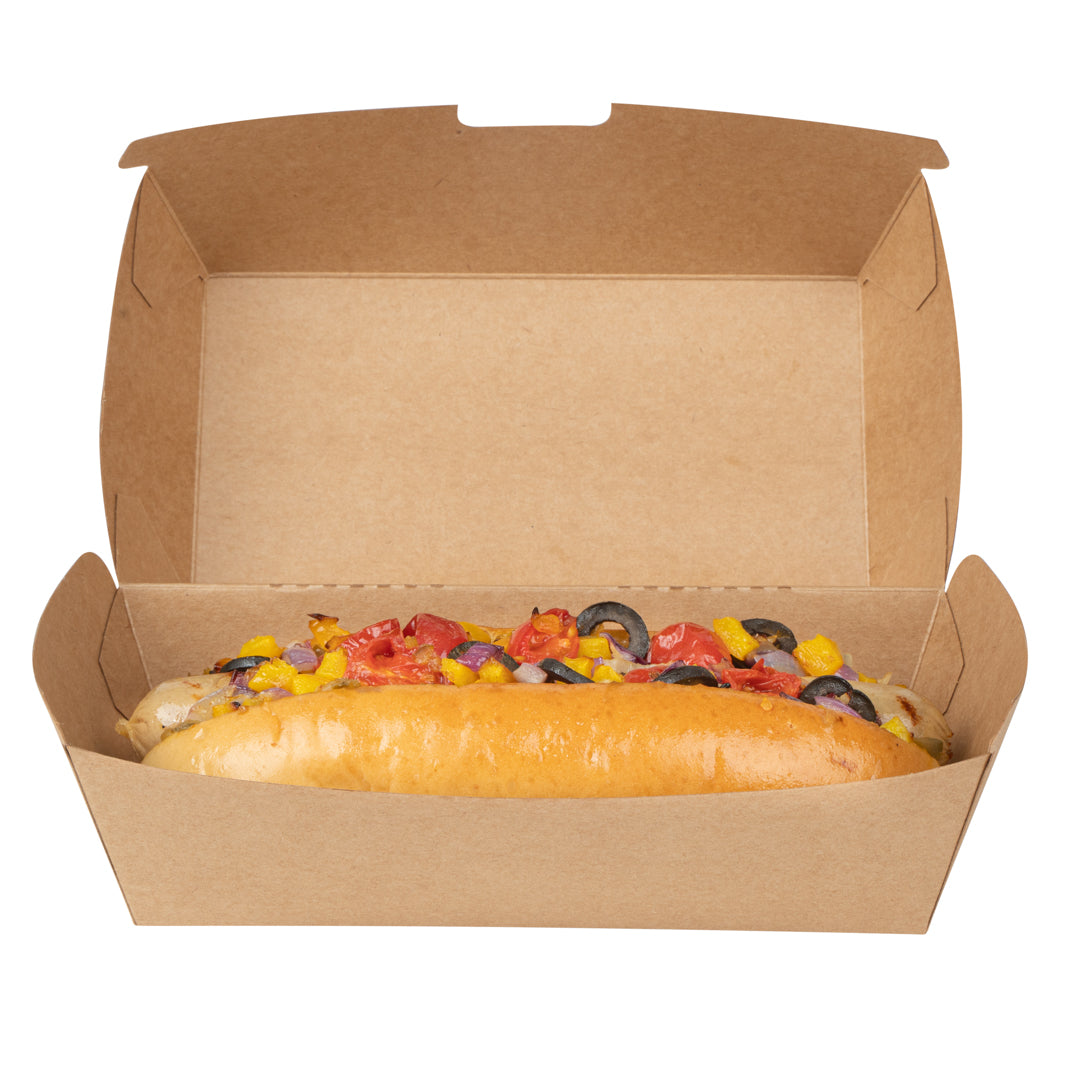 Bio Tek Rectangle Kraft Paper Hot Dog / Sandwich Clamshell Container - 6 3/4" x 3 1/2" x 3 1/2" - 100 count box