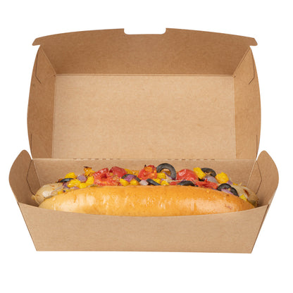 Bio Tek Rectangle Kraft Paper Hot Dog / Sandwich Clamshell Container - 6 3/4" x 3 1/2" x 3 1/2" - 100 count box