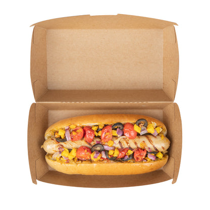 Bio Tek Rectangle Kraft Paper Hot Dog / Sandwich Clamshell Container - 6 3/4" x 3 1/2" x 3 1/2" - 100 count box
