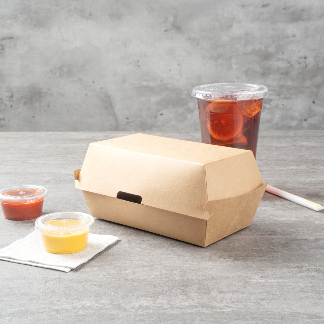 Bio Tek Rectangle Kraft Paper Hot Dog / Sandwich Clamshell Container - 6 3/4" x 3 1/2" x 3 1/2" - 100 count box