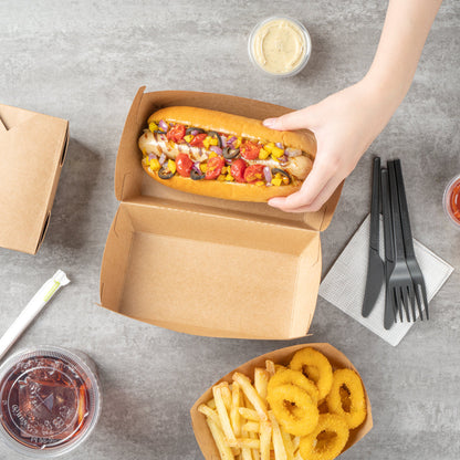 Bio Tek Rectangle Kraft Paper Hot Dog / Sandwich Clamshell Container - 6 3/4" x 3 1/2" x 3 1/2" - 100 count box