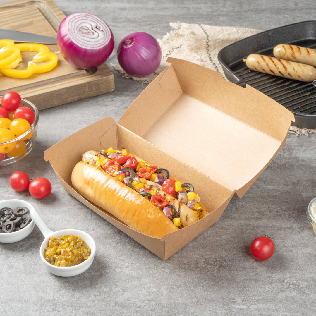 Bio Tek Rectangle Kraft Paper Hot Dog / Sandwich Clamshell Container - 6 3/4" x 3 1/2" x 3 1/2" - 100 count box