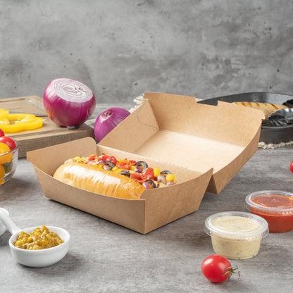 Bio Tek Rectangle Kraft Paper Hot Dog / Sandwich Clamshell Container - 6 3/4" x 3 1/2" x 3 1/2" - 100 count box