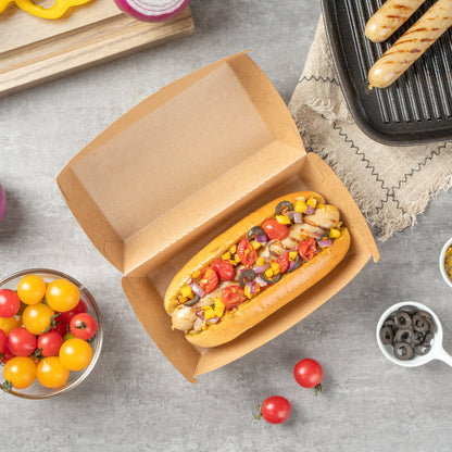 Bio Tek Rectangle Kraft Paper Hot Dog / Sandwich Clamshell Container - 6 3/4" x 3 1/2" x 3 1/2" - 100 count box