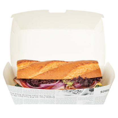 Bio Tek Rectangle Newsprint Paper Hot Dog / Sandwich Clamshell Container - 6 3/4" x 3 1/2" x 3 1/2" - 100 count box