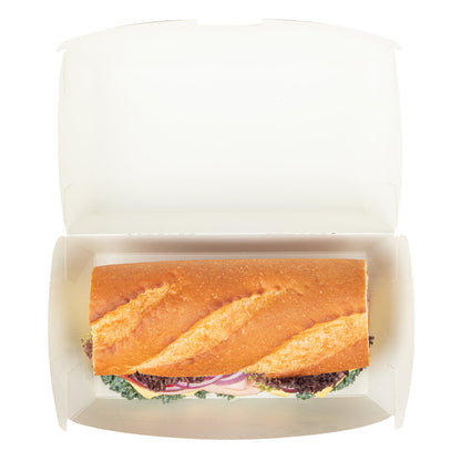 Bio Tek Rectangle Newsprint Paper Hot Dog / Sandwich Clamshell Container - 6 3/4" x 3 1/2" x 3 1/2" - 100 count box