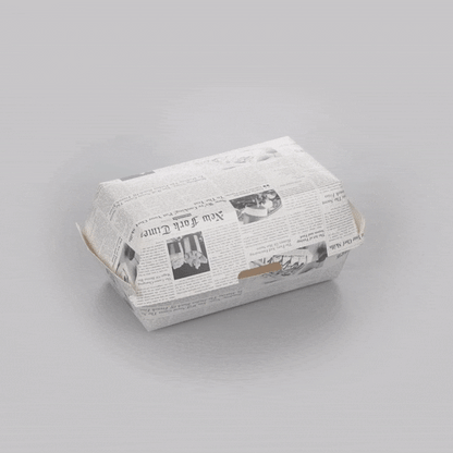 Bio Tek Rectangle Newsprint Paper Hot Dog / Sandwich Clamshell Container - 6 3/4" x 3 1/2" x 3 1/2" - 100 count box