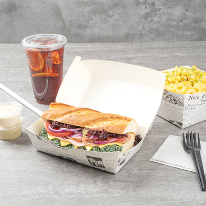 Bio Tek Rectangle Newsprint Paper Hot Dog / Sandwich Clamshell Container - 6 3/4" x 3 1/2" x 3 1/2" - 100 count box