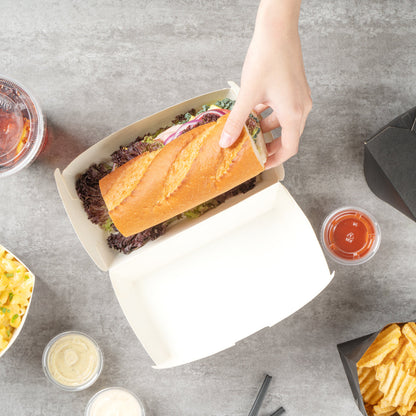 Bio Tek Rectangle Newsprint Paper Hot Dog / Sandwich Clamshell Container - 6 3/4" x 3 1/2" x 3 1/2" - 100 count box