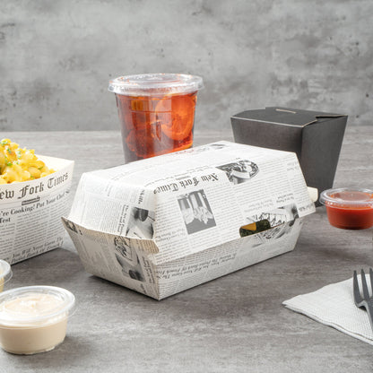 Bio Tek Rectangle Newsprint Paper Hot Dog / Sandwich Clamshell Container - 6 3/4" x 3 1/2" x 3 1/2" - 100 count box