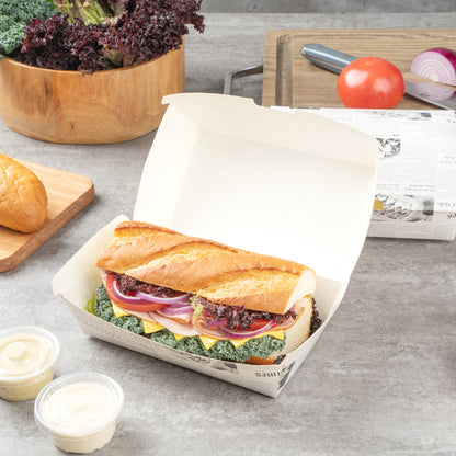 Bio Tek Rectangle Newsprint Paper Hot Dog / Sandwich Clamshell Container - 6 3/4" x 3 1/2" x 3 1/2" - 100 count box