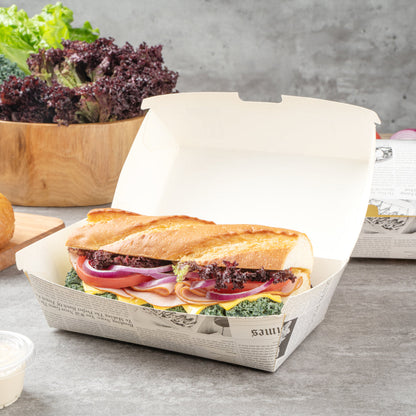 Bio Tek Rectangle Newsprint Paper Hot Dog / Sandwich Clamshell Container - 6 3/4" x 3 1/2" x 3 1/2" - 100 count box