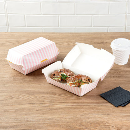 Bio Tek Rectangle Pink and White Stripe Paper Hot Dog / Sandwich Clamshell Container - 6 3/4" x 3 1/2" x 3 1/2" - 100 count box