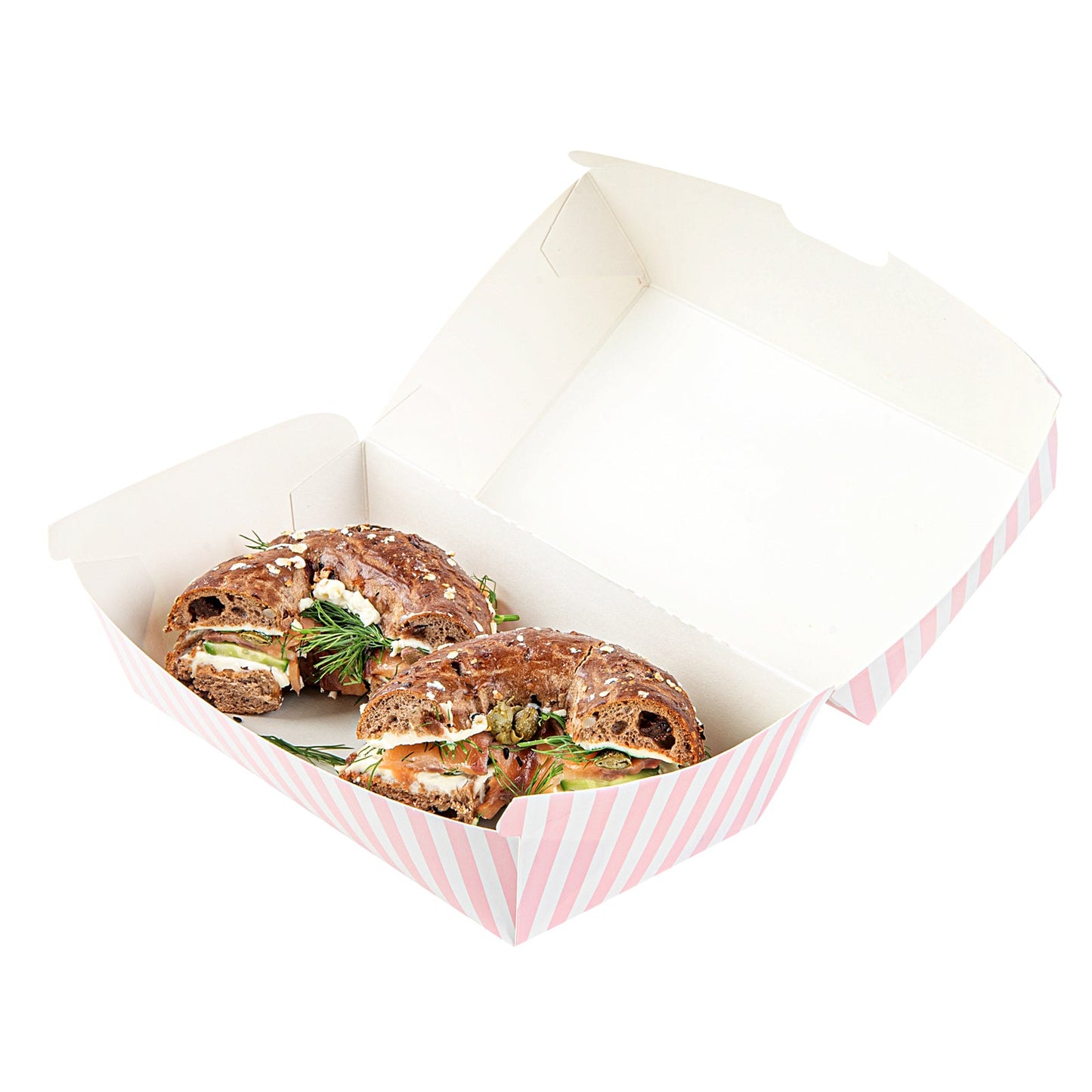 Bio Tek Rectangle Pink and White Stripe Paper Hot Dog / Sandwich Clamshell Container - 6 3/4" x 3 1/2" x 3 1/2" - 100 count box
