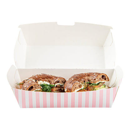 Bio Tek Rectangle Pink and White Stripe Paper Hot Dog / Sandwich Clamshell Container - 6 3/4" x 3 1/2" x 3 1/2" - 100 count box
