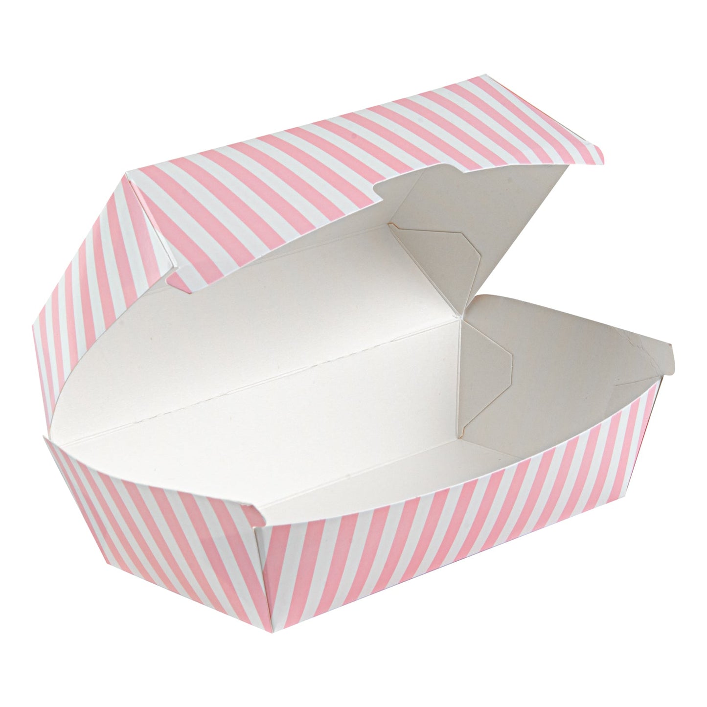 Bio Tek Rectangle Pink and White Stripe Paper Hot Dog / Sandwich Clamshell Container - 6 3/4" x 3 1/2" x 3 1/2" - 100 count box